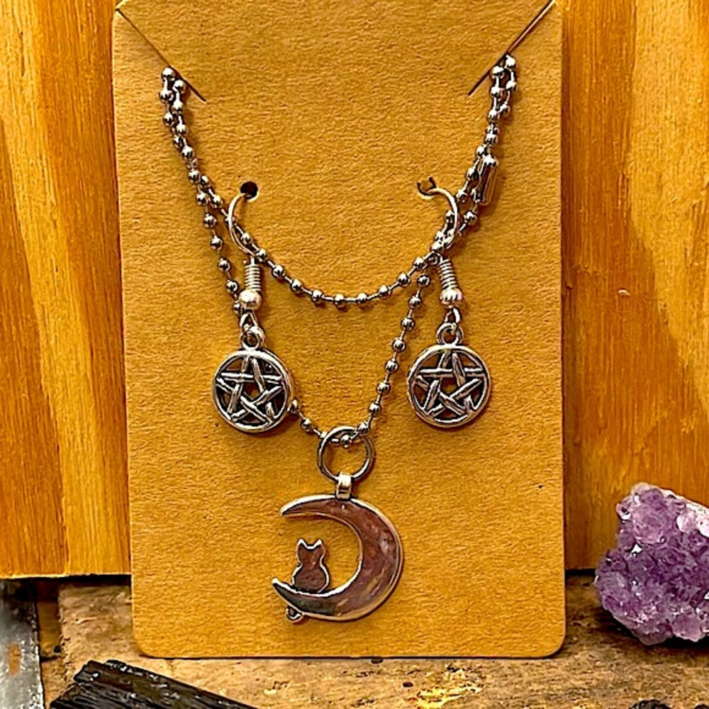BOGO!! Witches Necklace & Earrings Set 🐈‍⬛🌙🖤⭐️ Pentagram Crescent Moon Halloween